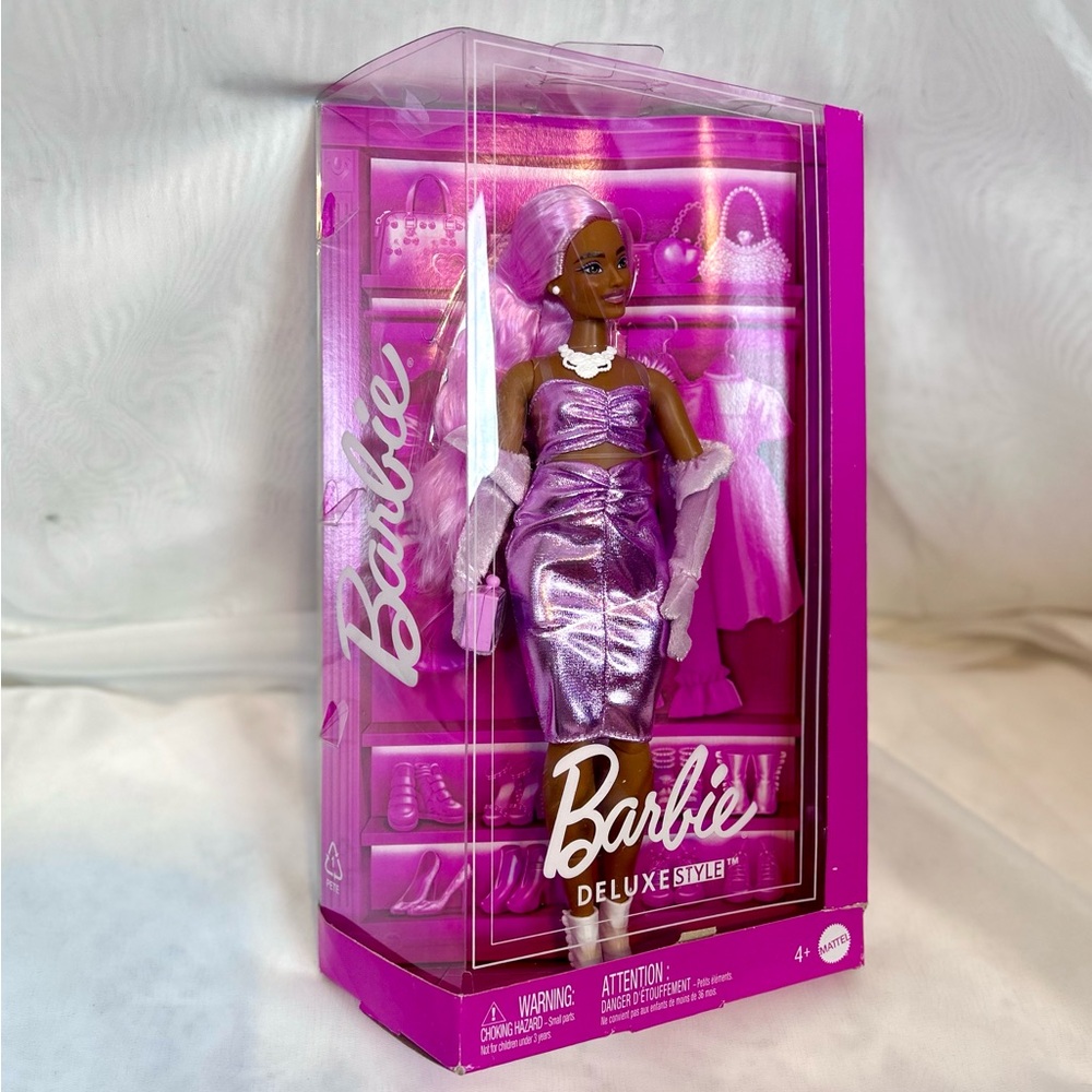 Deluxe Style Doll 1 in Glossy Pink Barbiecore Dress with Velvet Gloves, Pink Hai